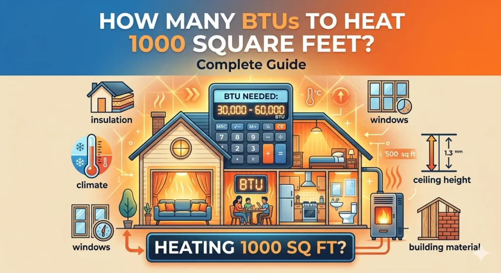 Infographic is showing that How Many BTUs to Heat 1000 Square Feet? Complete Guide