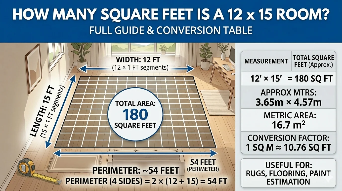 Infographic is showing that How Many Square Feet Is a 12 x 15 Room? Full Guide