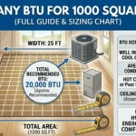 Infographic is showing that How Many BTU for 1000 Square Feet? HVAC Sizing Guide
