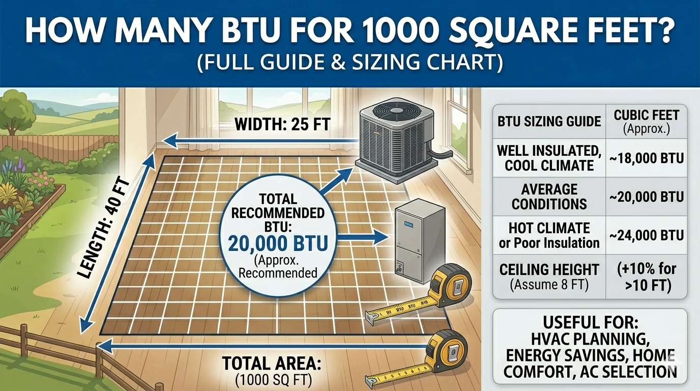 Infographic is showing that How Many BTU for 1000 Square Feet? HVAC Sizing Guide