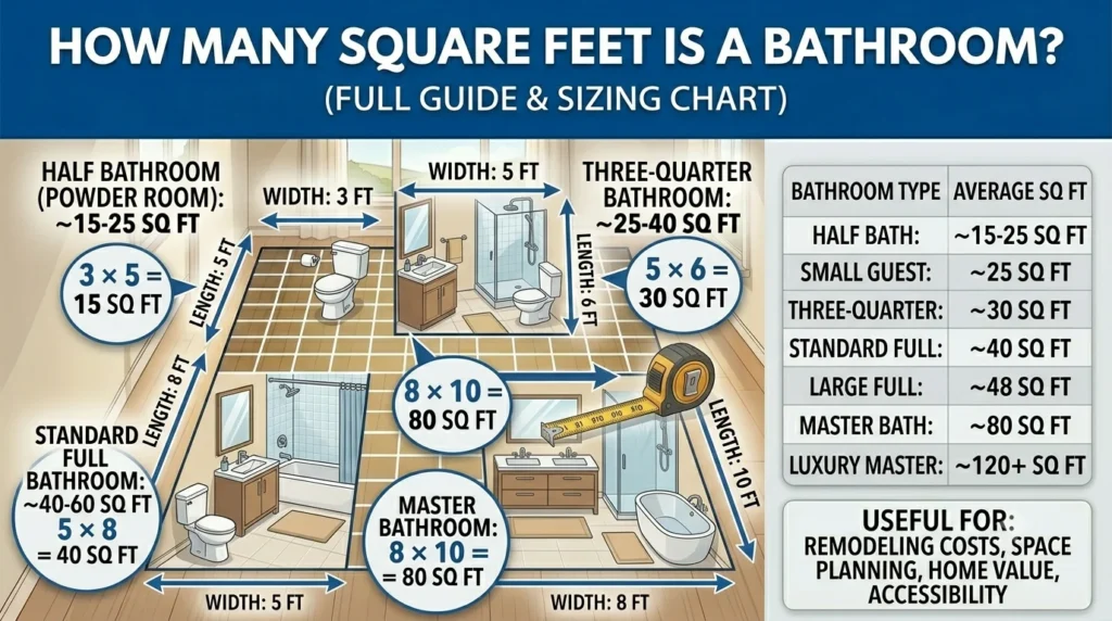 Infographic is showing that How Many Square Feet Is a Bathroom? Full Size Guide