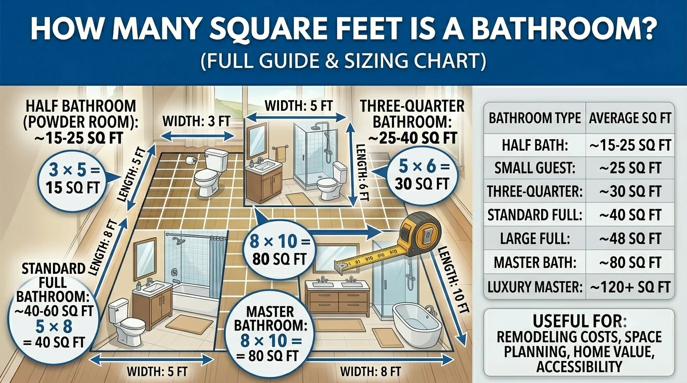 Infographic is showing that How Many Square Feet Is a Bathroom? Full Size Guide