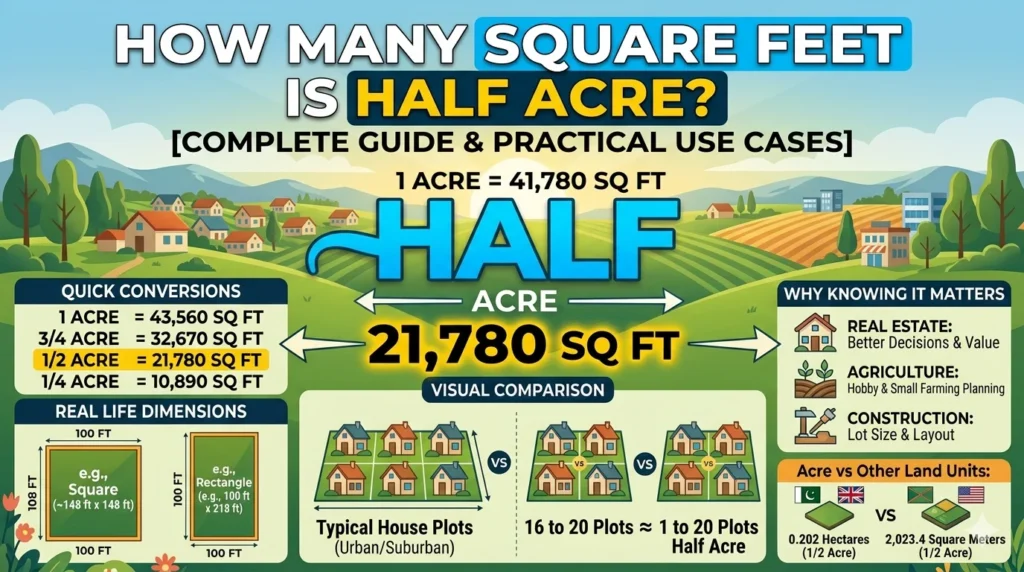 Infographic is showing that How Many Square Feet Is Half Acre? Full Guide