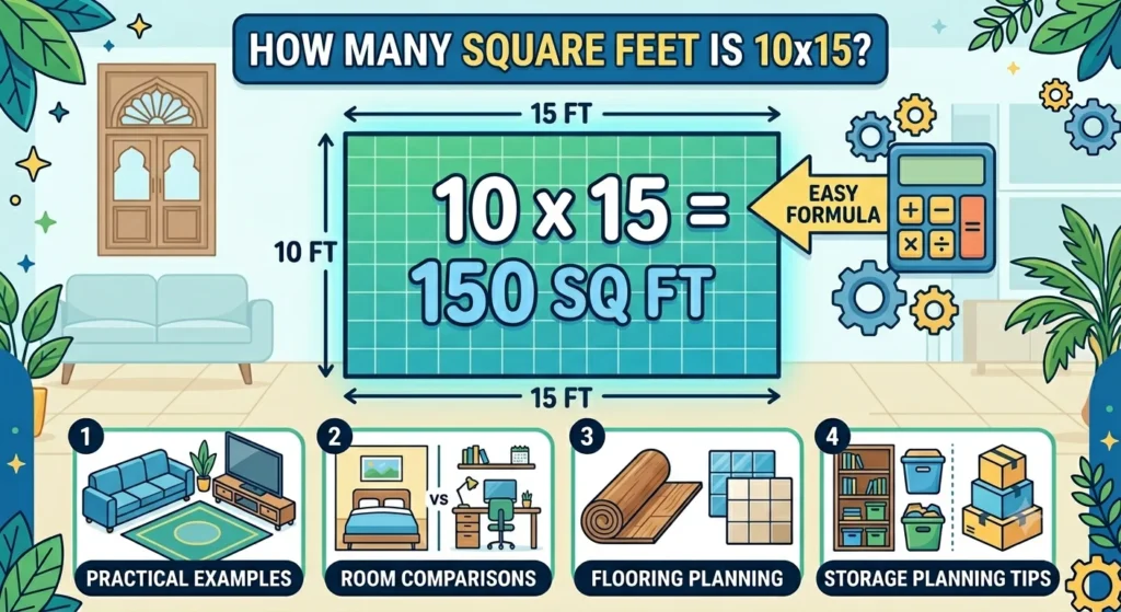 Infographic is showing that How Many Square Feet Is 10x15? Size & Area Guide
