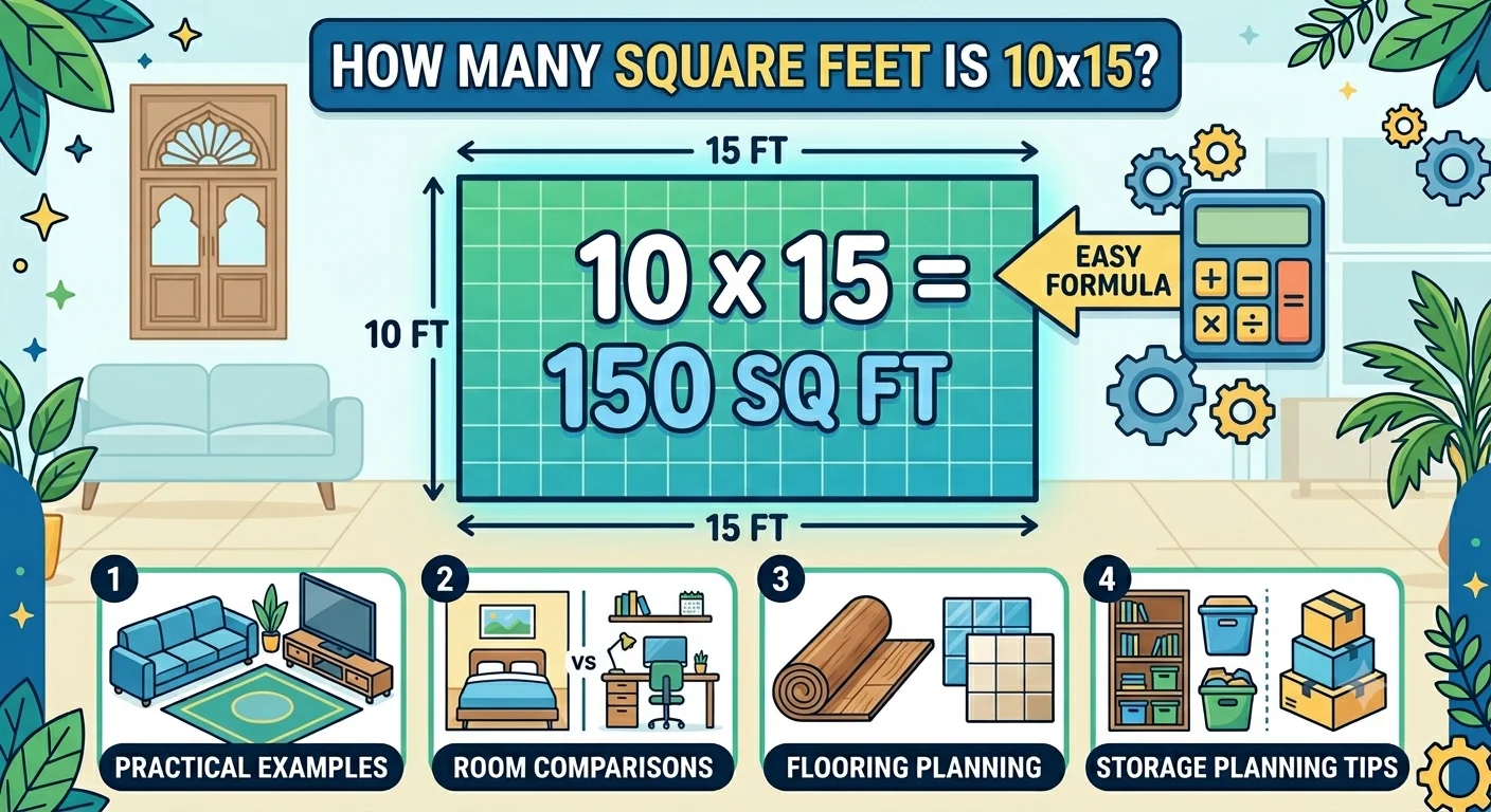 Infographic is showing that How Many Square Feet Is 10x15? Size & Area Guide