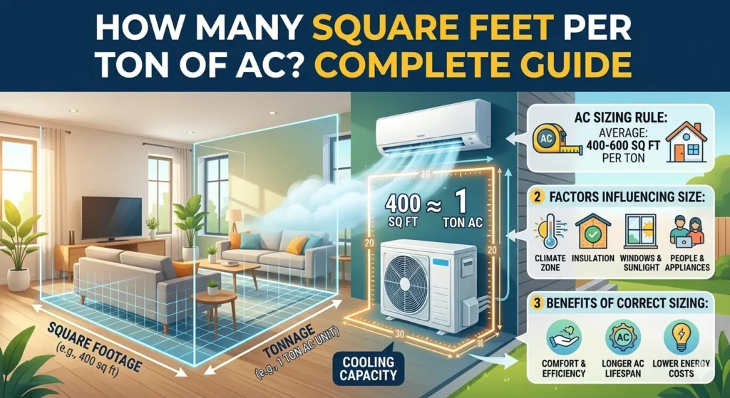 Infographic showing that How Many Square Feet Per Ton of AC? Complete Guide