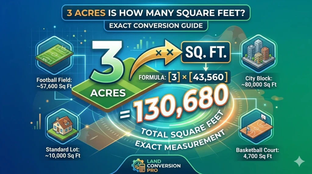 Infographic is showing that 3 Acres Is How Many Square Feet? Exact Conversion Guide
