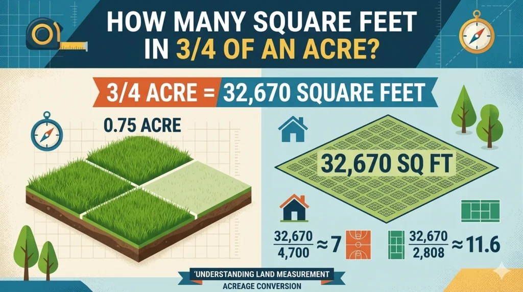 Infographic is showing that How Many Square Feet in 3/4 of an Acre? Easy Conversion Guide