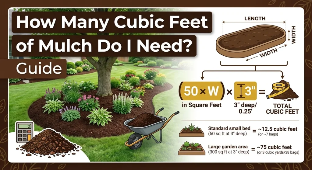 Infographics is showing that How Many Cubic Feet of Mulch Do I Need? Guide