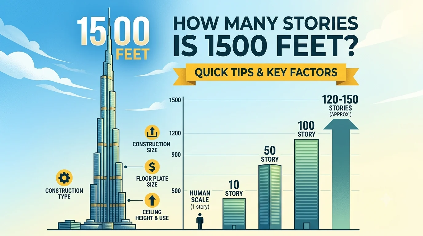 Infographic is showing that How Many Stories Is 1500 Feet? Building Height Explained