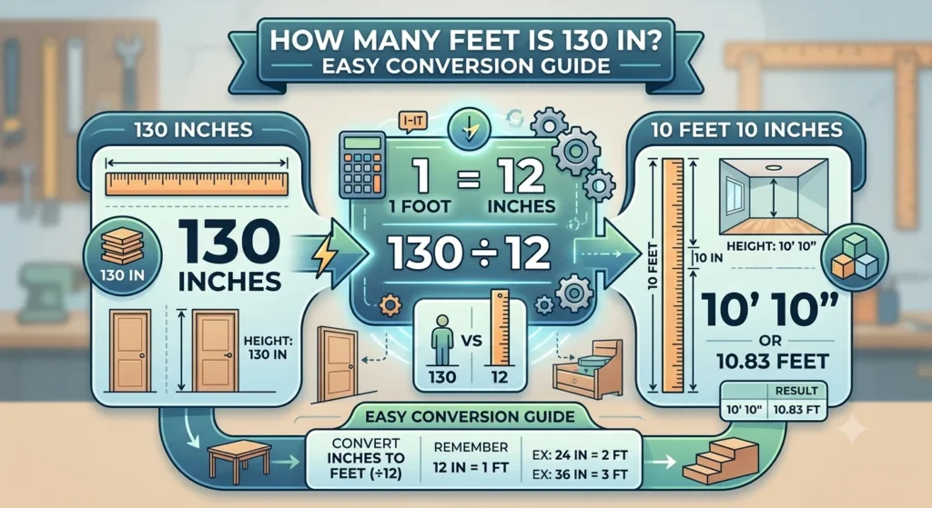 Infographic is showing that How Many Feet Is 130 In? Easy Conversion Guide