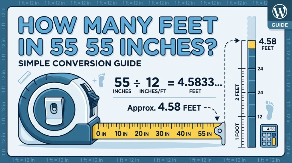 Infographic is showing that How Many Feet in 55 Inches? Simple Conversion Guide