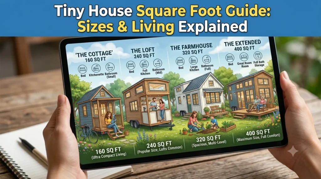 Infographic is showing that How Many Square Feet Are Tiny Houses? Complete Guide