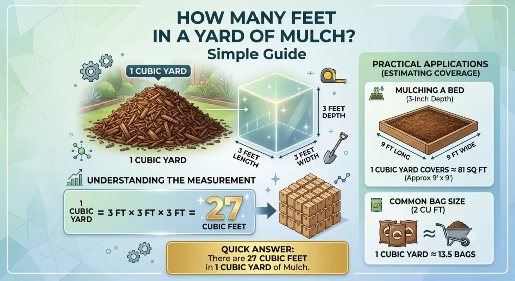 Infographic is showing that How Many Feet in a Yard of Mulch? Simple Guide