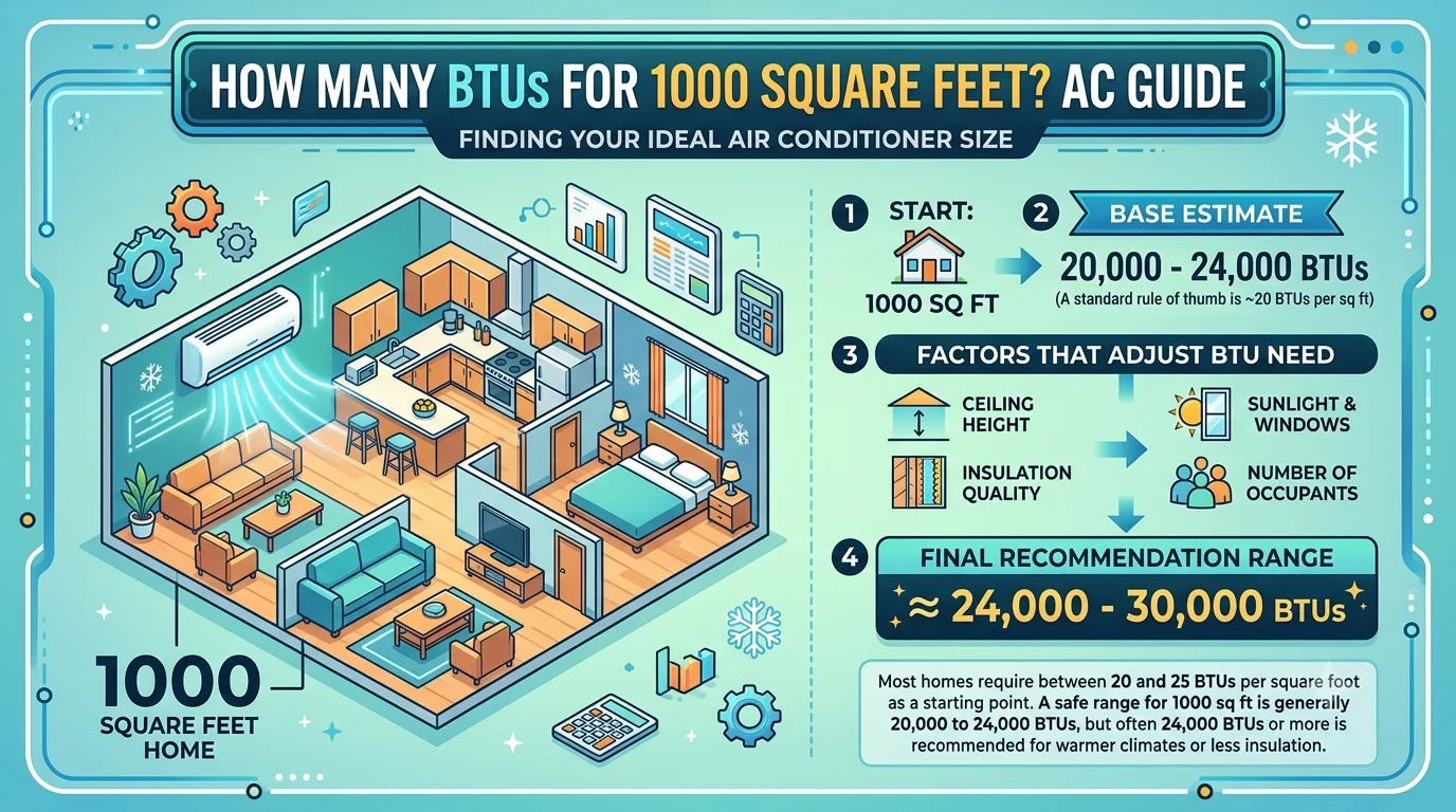 Infographic is showing that bHow Many BTUs for 1000 Square Feet? AC Guide