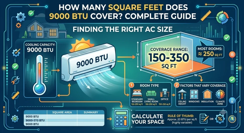 Infographic is showing that vHow Many Square Feet Does 9000 BTU Cover? Complete Guide