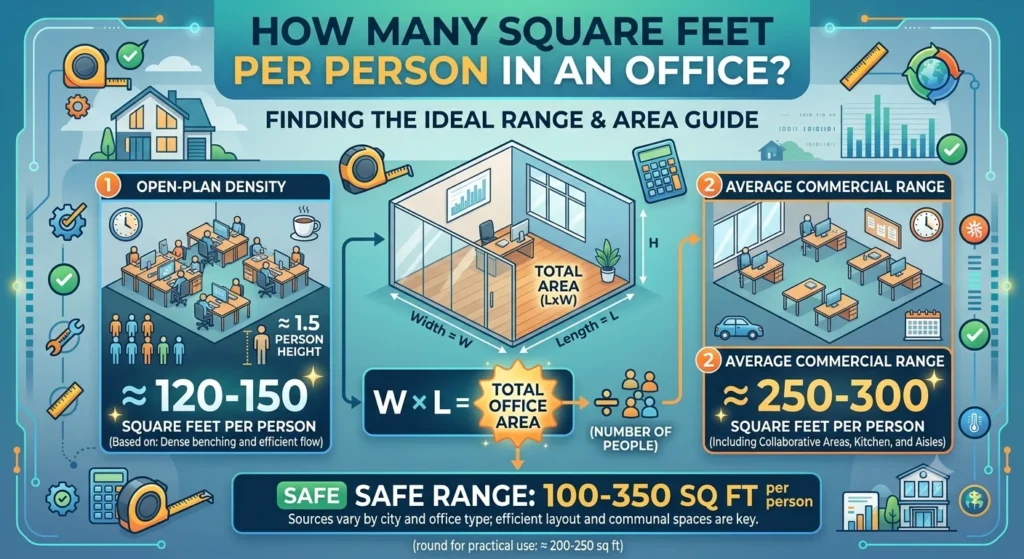 Infographic is showing that bHow Many Square Feet Per Person in an Office?