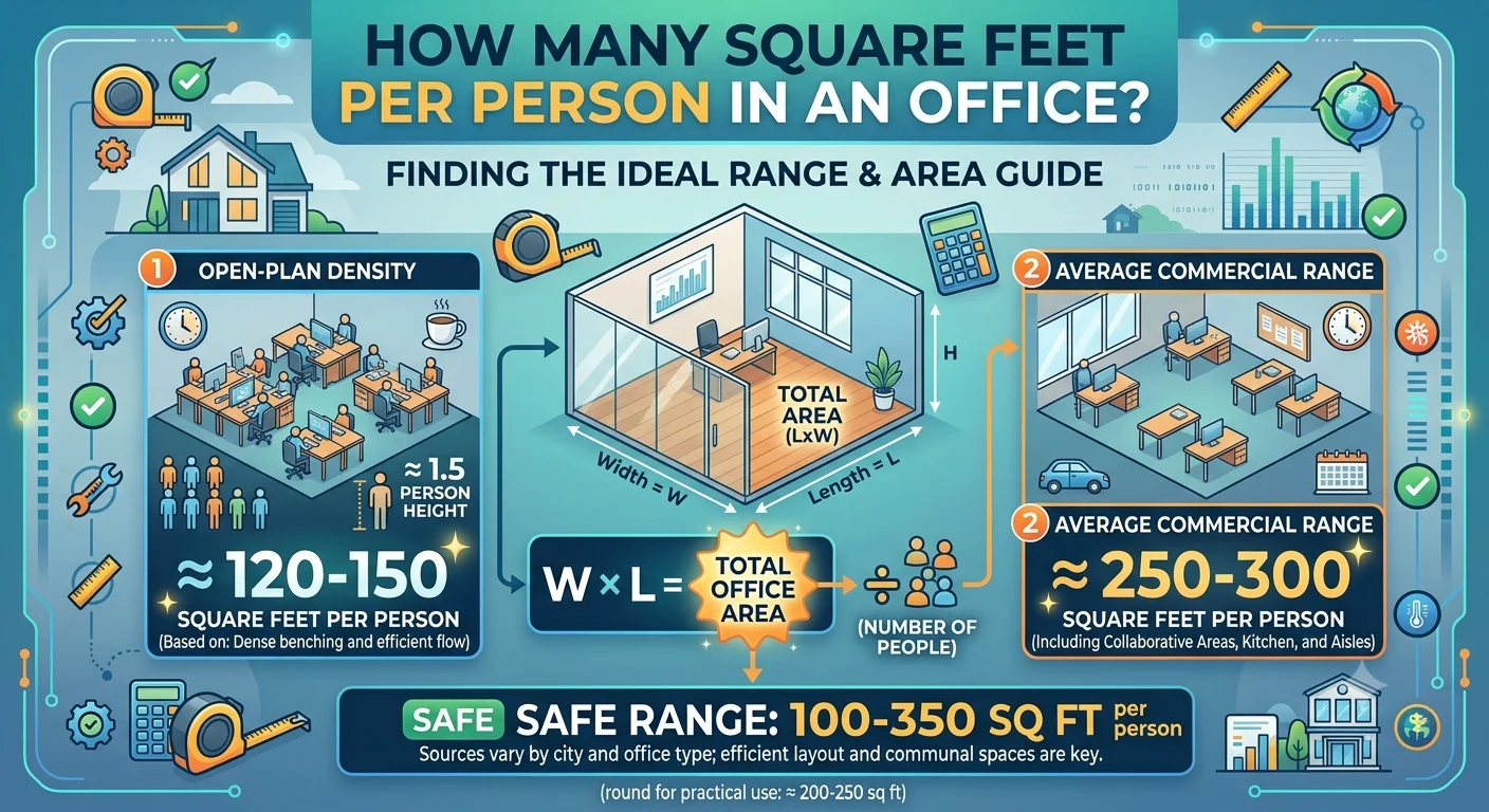 Infographic is showing that bHow Many Square Feet Per Person in an Office?