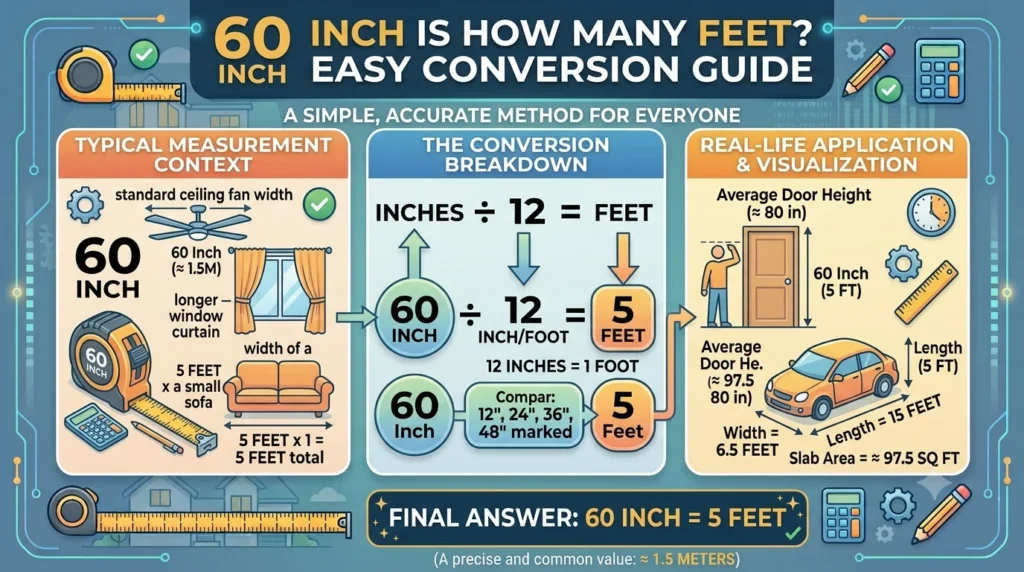 Infographic is showing that 60 Inch Is How Many Feet? Easy Conversion Guide