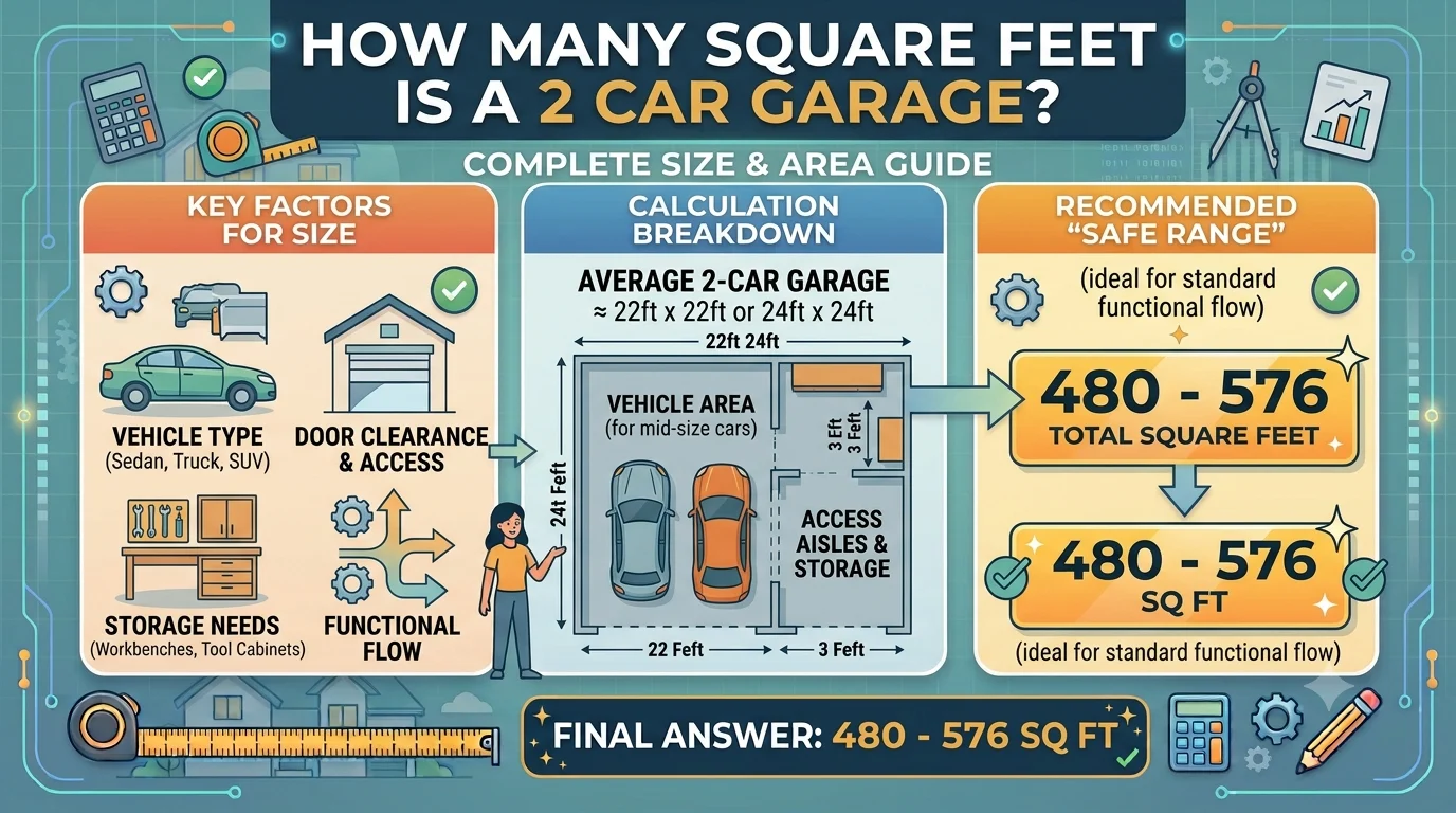 Infographic is showing that How Many Square Feet Is a 2 Car Garage? Size Guide