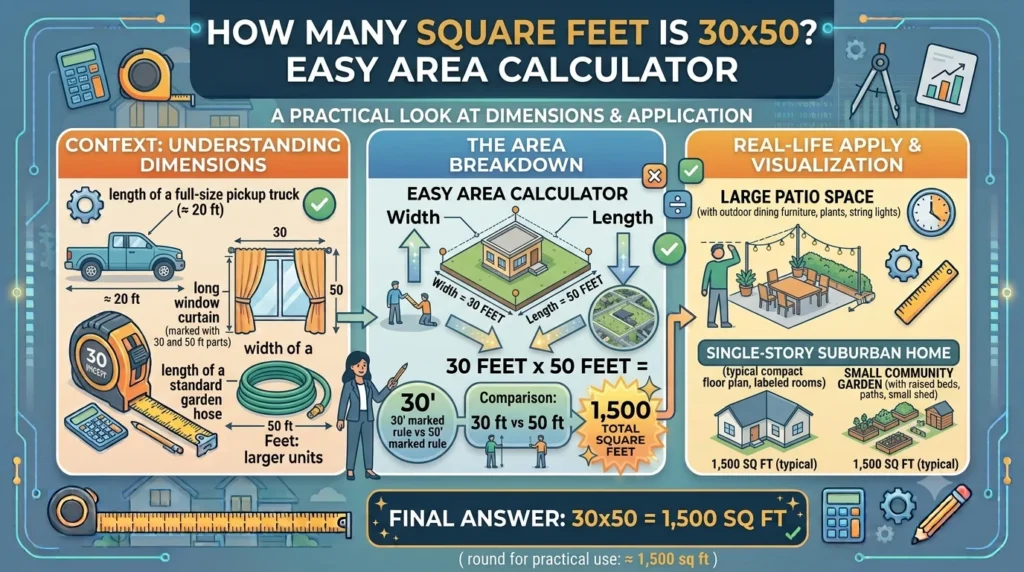 Infographic is showing that How Many Square Feet Is 30x50? Easy Area Calculator