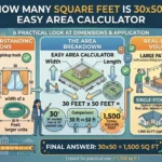 Infographic is showing that How Many Square Feet Is 30x50? Easy Area Calculator
