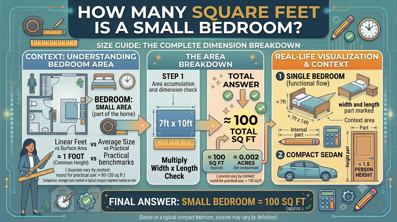 Infographic is showing that How Many Square Feet Is a Small Bedroom? Size Guide