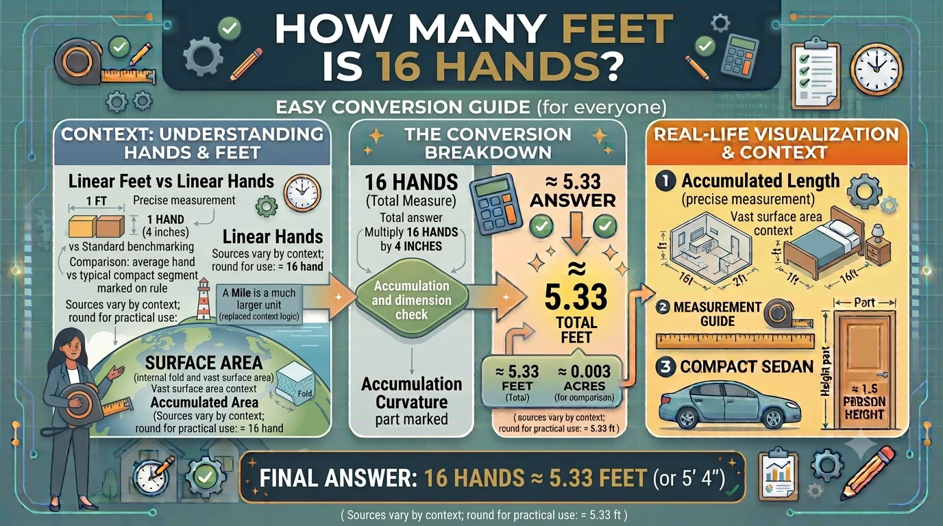 Infographic is showing that How Many Feet Is 16 Hands? Easy Conversion Guide