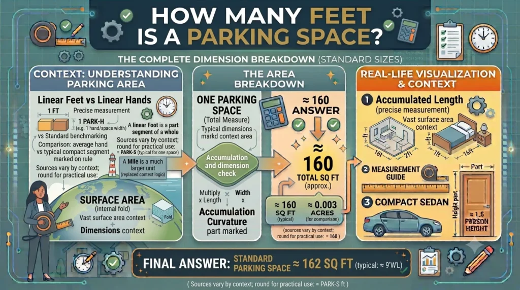 Infographic is showing that bHow Many Feet Is a Parking Space? Standard Size Guide