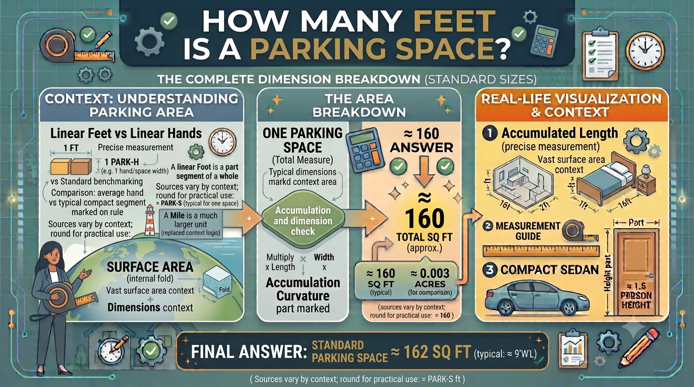 Infographic is showing that bHow Many Feet Is a Parking Space? Standard Size Guide