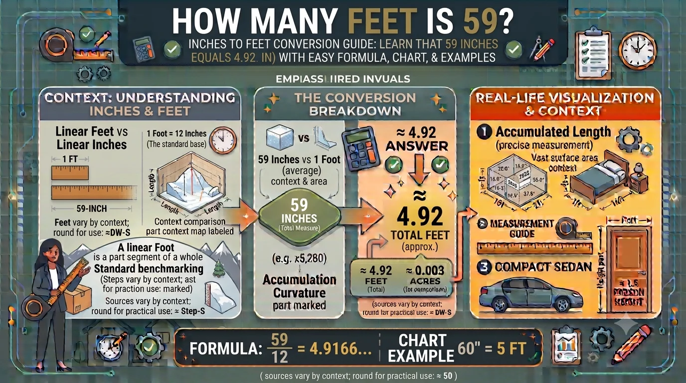 Infographic is showing that How Many Feet Is 59? Inches to Feet Conversion Guide