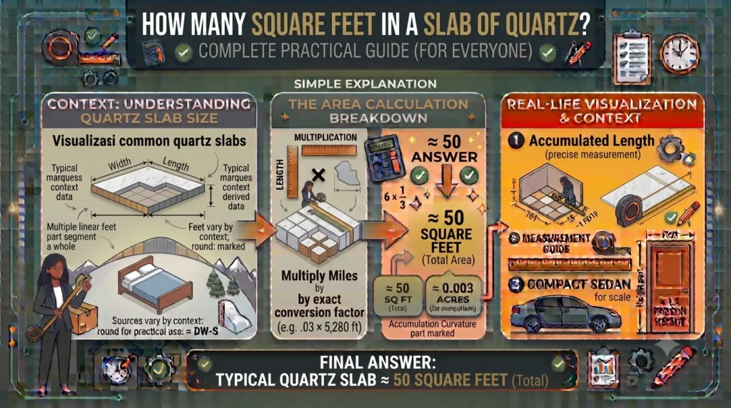 Infographic is showing that How Many Square Feet in a Slab of Quartz? Complete Guide
