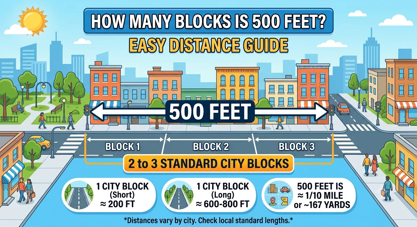 Infographic is showing that How Many Blocks Is 500 Feet? Easy Distance Guide