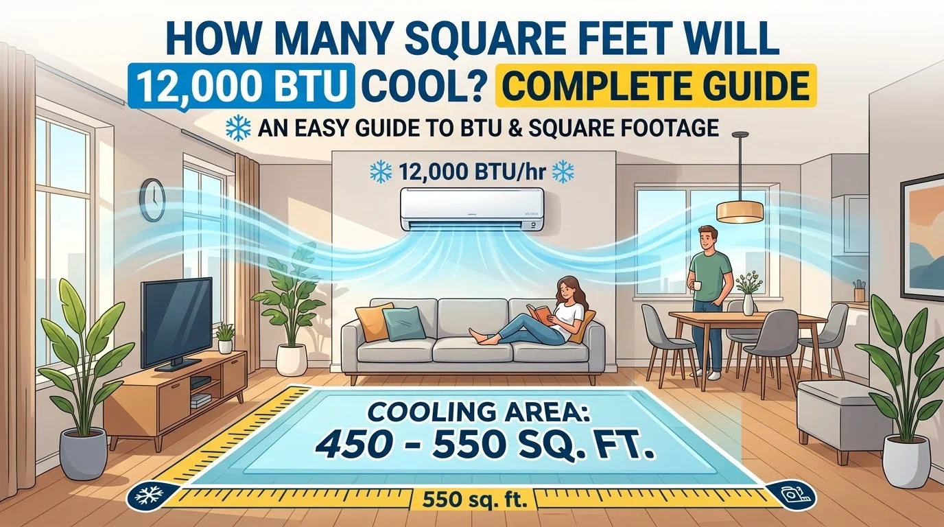 Infographic is showing that How Many Square Feet Will 12000 BTU Cool? Complete Guide