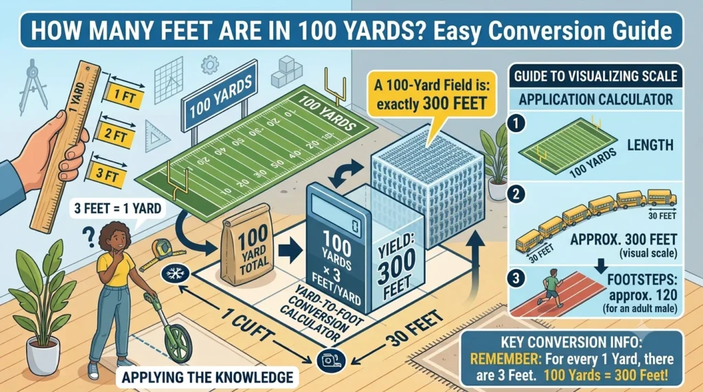 Infographic is showing that How Many Feet Are in a 100 Yards? Easy Conversion Guide
