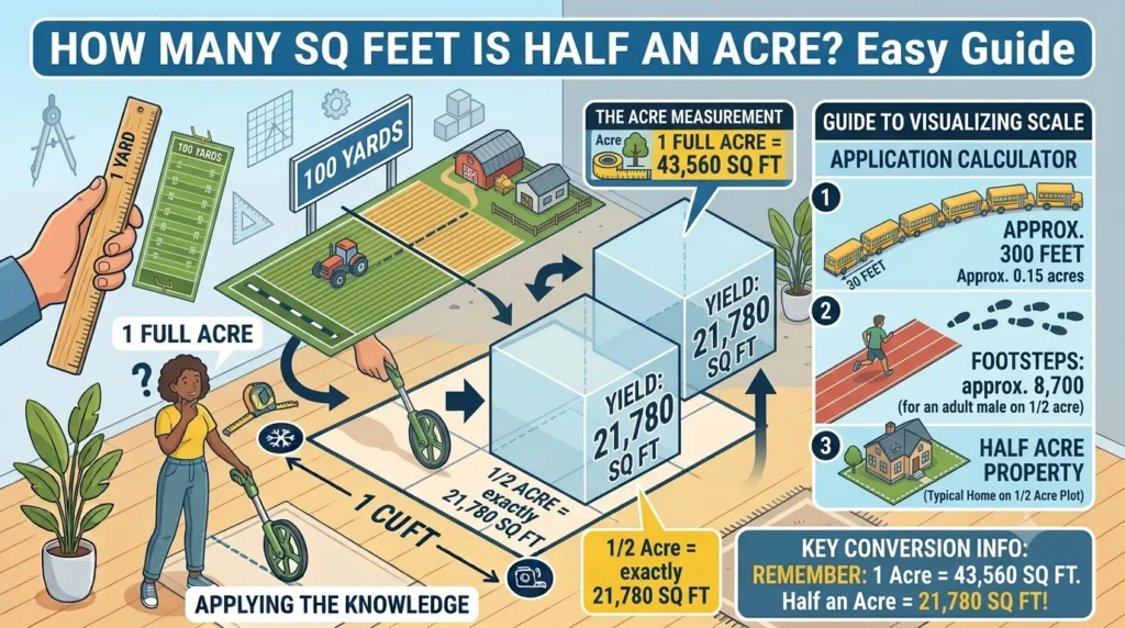 Infographic is showing that How Many Sq Feet Is Half an Acre? Easy Guide