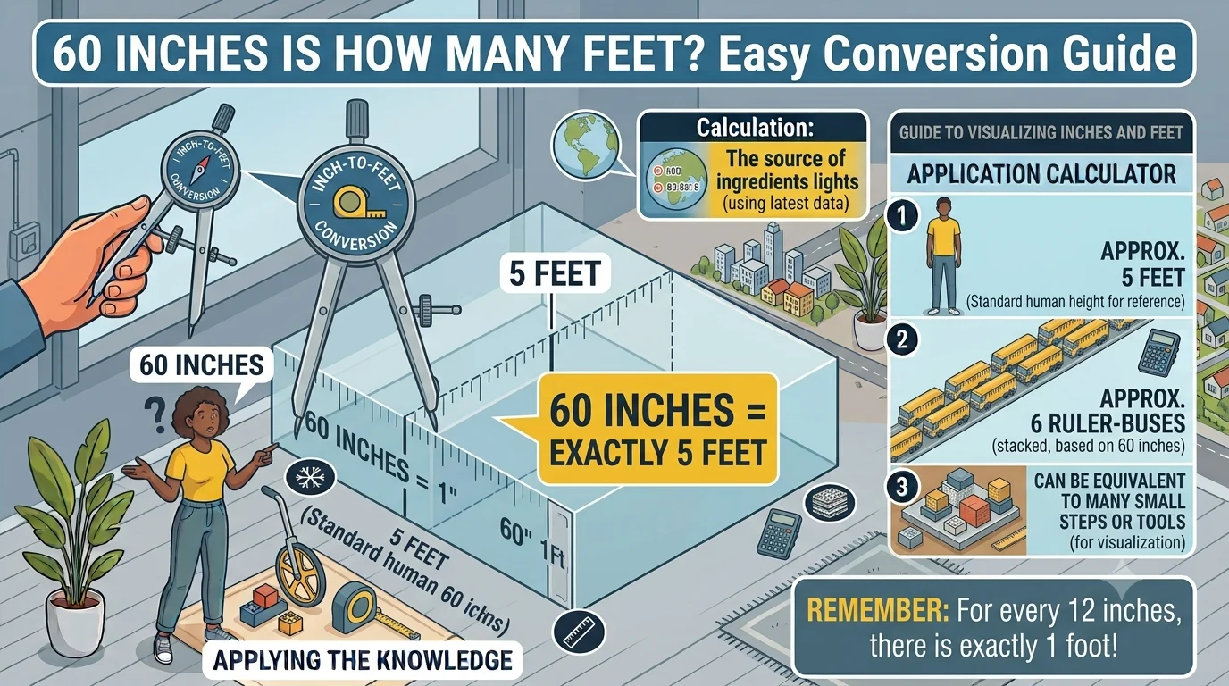 Infographic is showing that 60 Inches Is How Many Feet? Easy Conversion Guide