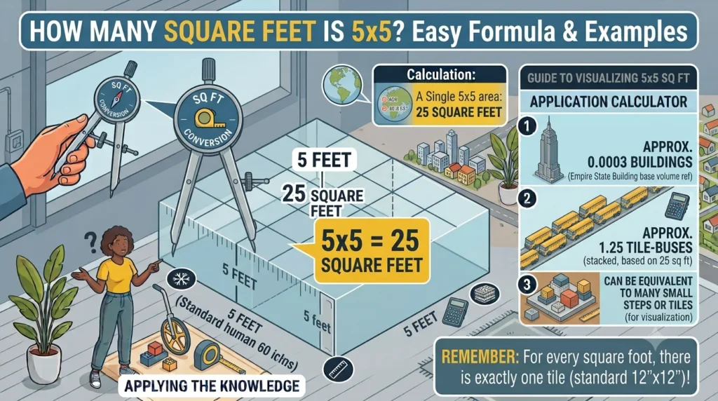 Infographic Is showing that How Many Square Feet Is 5x5? Easy Formula & Examples