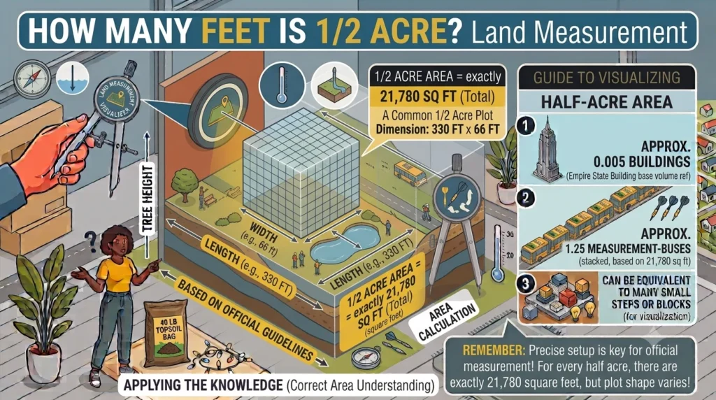 Infographic is showing that How Many Feet Is 1/2 Acre? Land Measurement