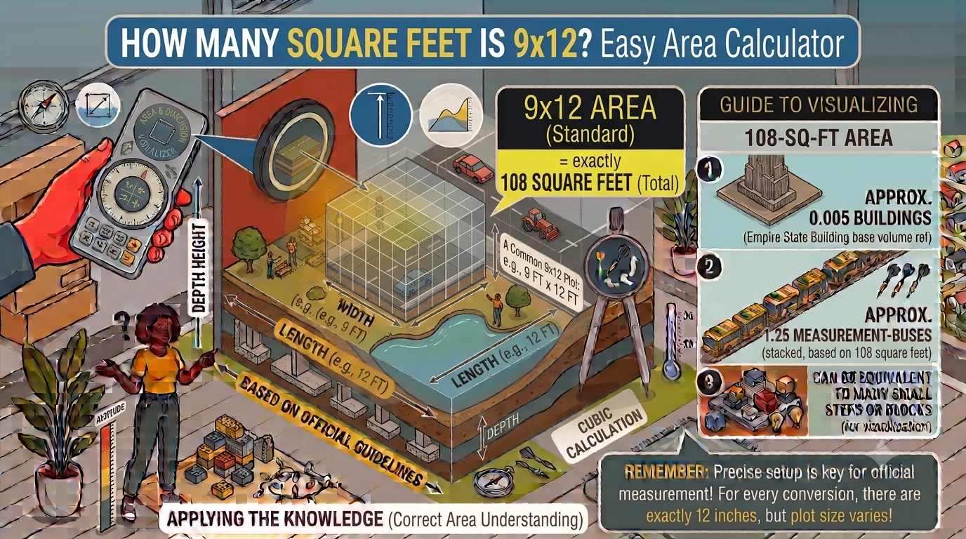 Infographic is showing that How Many Square Feet Is 9x12? Easy Area Calculator