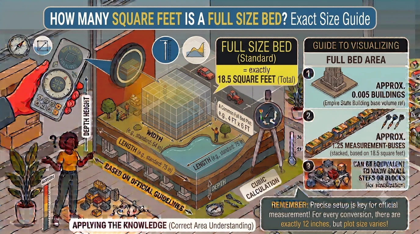 Infographic is showing that How Many Square Feet Is a Full Size Bed? Exact Size Guide