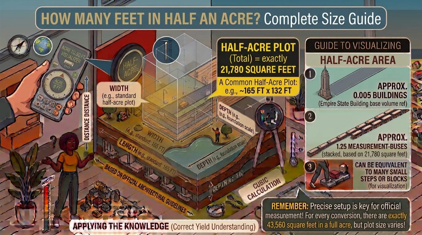 Infographic is showing that How Many Feet in Half an Acre? Complete Size Guide