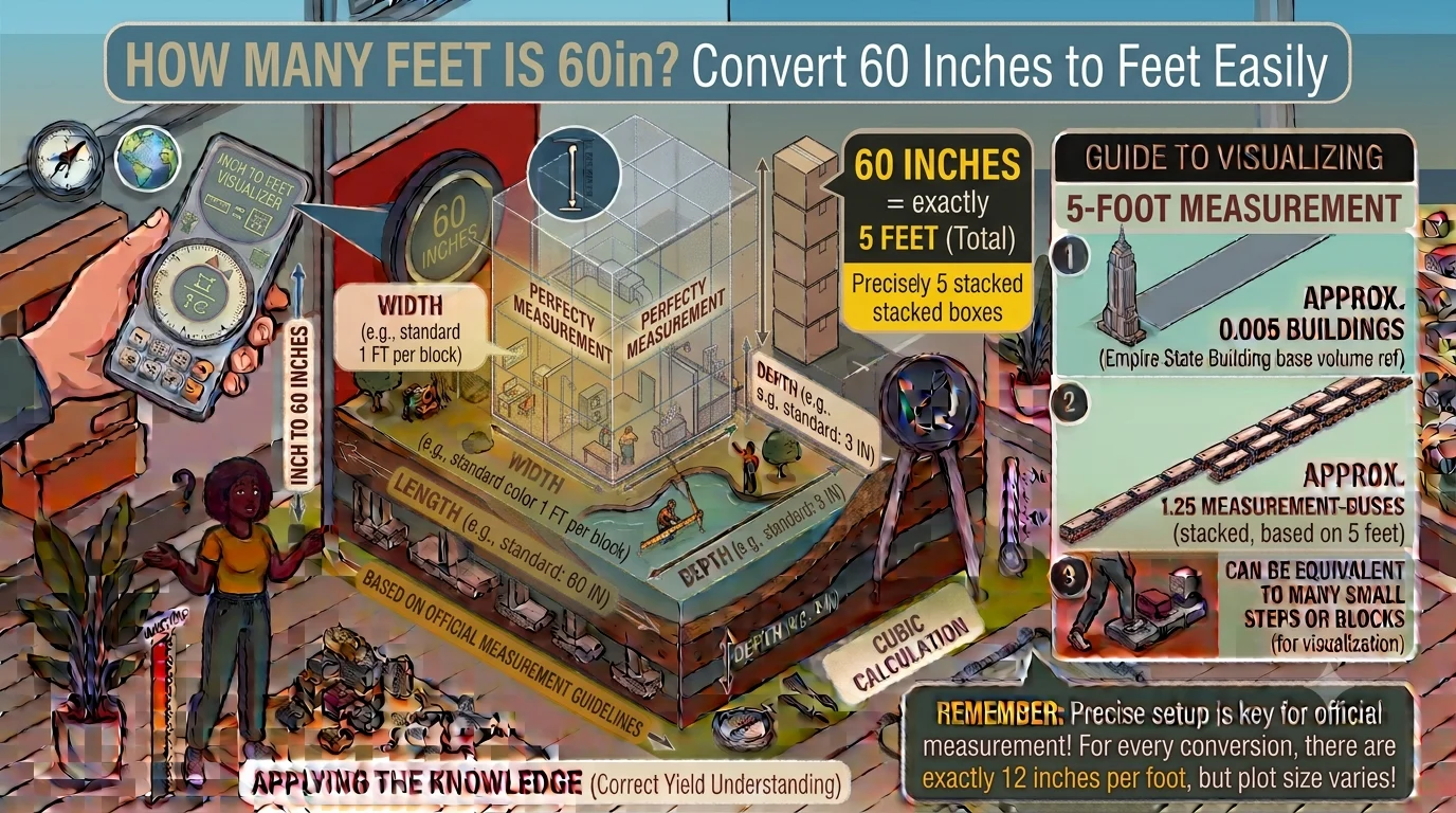 Infographic is showing that How Many Feet Is 60in? Convert 60 Inches to Feet Easily