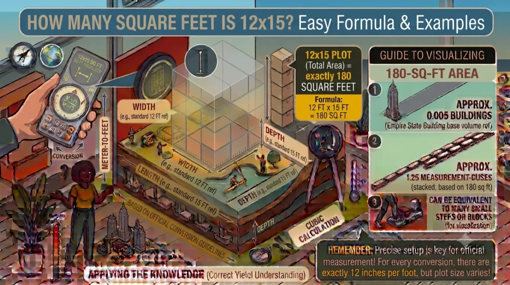 Infographic is showing that How Many Square Feet Is 12x15? Easy Formula & Examples