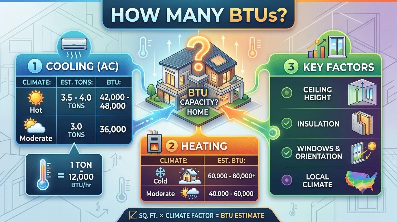 Infographc is showing that How Many BTUs for 2000 Square Feet