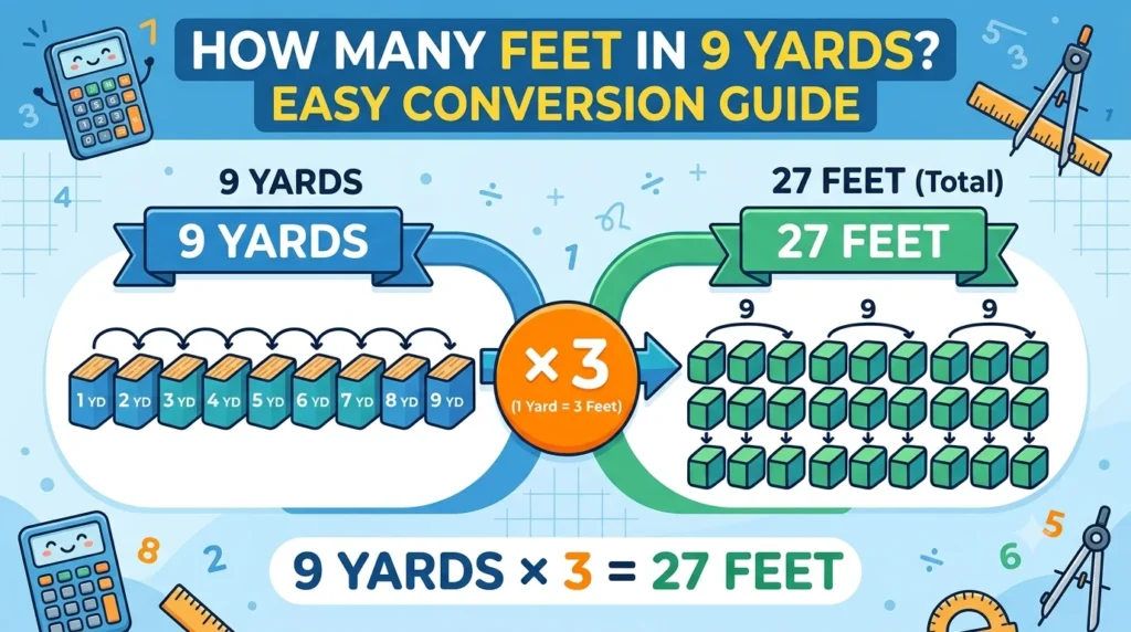 Infographic is showing that How Many Feet in 9 Yards? Easy Conversion Guide