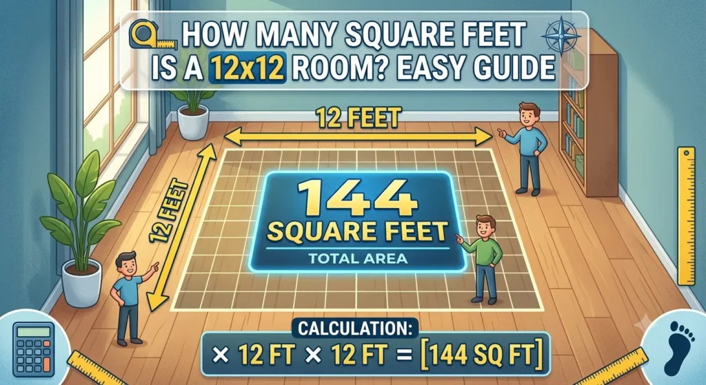 Infographic is showing that How Many Square Feet Is a 12x12 Room? Easy Guide