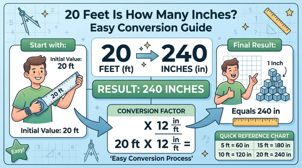 Infographic is showing that 20 Feet Is How Many Inches? Easy Conversion Guide