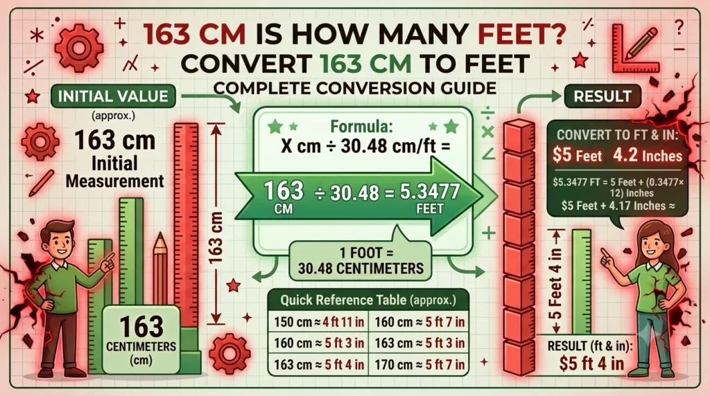 Infographic is showing that 163 cm Is How Many Feet? Convert 163 cm to Feet
