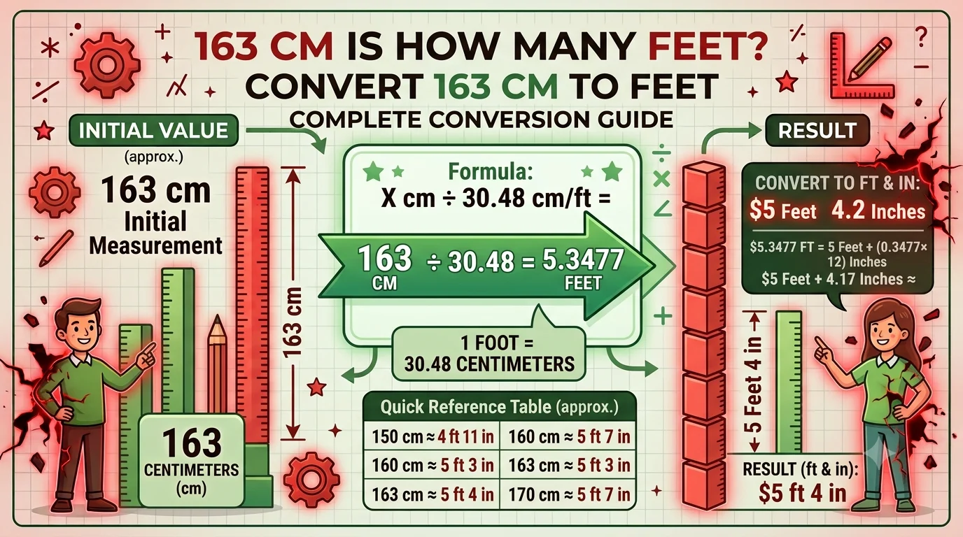 Infographic is showing that 163 cm Is How Many Feet? Convert 163 cm to Feet